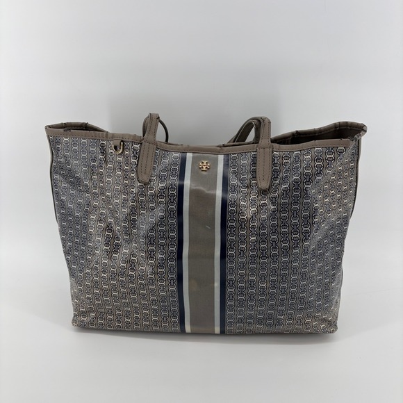 Tory Burch Gemini Link Canvas Tote French Gray Navy Stripe Large Shopper AS IS - Picture 2 of 16